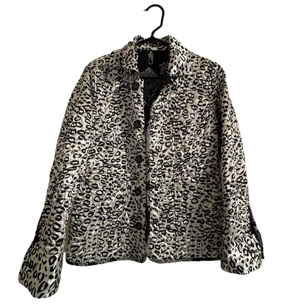 Chicos Reversible Black White Quilted Print Leopard Blazer Jacket-Size L